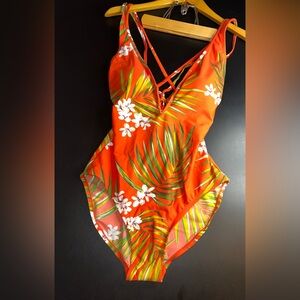 Kona Sol Coral Floral One Piece Strappy Back Swimsuit Size Large NWOT
